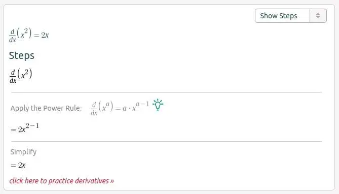 A snippet from Symbolab.com showing the derivative of x (squared) Calculus 1
